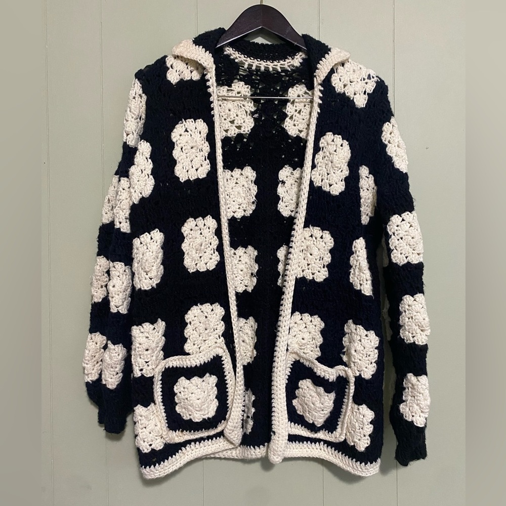 Handmade Crocheted Granny Square Black & White Pullover Sweater. Size S/M